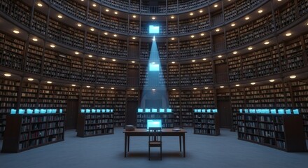 Futuristic Digital Library with Centralized Data Flow. Advanced Knowledge Management and AI-Powered Information Retrieval in a Vast Archival Space.