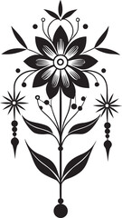 Elegant black stylized floral design with a central bloom symmetrical leaves starbursts and hanging beaded ornaments isolated on transparent background