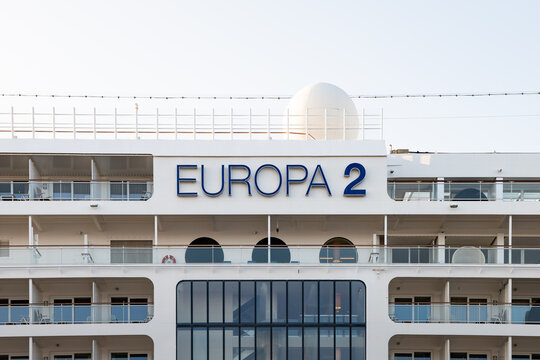 HAMBURG, GERMANY - 11. June 2025: MS Europa 2 logo sign of the cruise ship. Close-up of the name on the exterior. Huge vessel used in the travel and tourism industry and operated by Hapag-Lloyd.