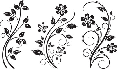 Collection of three black floral and leaf designs with swirling vines and stylized flowers isolated on transparent background © Graphics Zoo Review