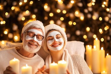 Happy couple enjoying spa night with face masks and candles against festive lights