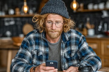 A young man with a beard and glasses sitting at a table, focused on using a budgeting app on his cell phone.