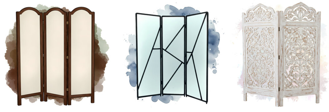 Three different styles of folding screens shown with unique designs and varying materials used in them on transparent background