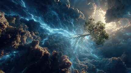 Nature's resilience tree amidst stormy skies digital art surreal aerial view
