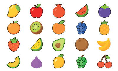Colorful fruit icons collection including apple, kiwi, grapes and many other