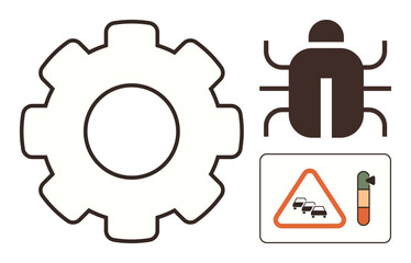 Gear and bug representing system issues, traffic warning symbol, temperature gauge. Ideal for technology, problem-solving, error analysis, process optimization, troubleshooting, traffic and risk