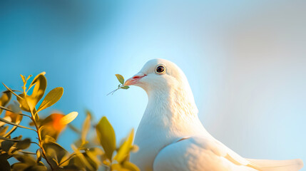 Obraz premium A white dove holding an olive branch, softly lit by golden sunlight, representing hope and harmony.