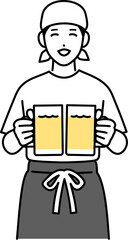 両手にビールを持っている男性の居酒屋店員