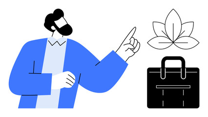 Man pointing at stylized leaf representing sustainability next to business bag. Ideal for environment, eco-business, entrepreneurship, corporate responsibility, green economy, innovation, simple flat