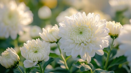 Serene Garden: A Close-Up of Exquisite White Chrysanthemums Basking in Golden Sunlight
