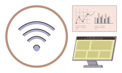 wireless signal icon, data charts showing growth trends, computer screen with grid layout. Ideal for connectivity, communication, analytics, technology, network optimization, data insights digital
