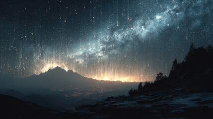 Cosmic rainfall over majestic mountains night sky landscape serenity