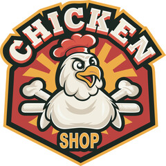 Bold cartoon chicken with red comb and crossed bones logo for restaurant branding isolated on transparent background