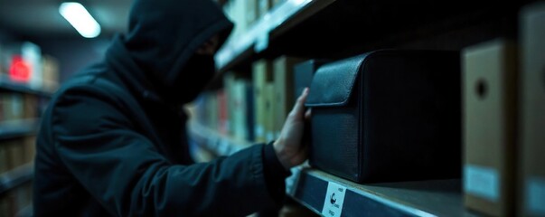 Clandestine Shoplifting A Shadowy Figure Secretly Removes an Item from a Store Shelf. Low-light photography captures the suspense and illicit nature of the theft in this dramatic close-up.