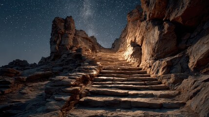 Stairway to the stars rocky landscape night sky nature low angle cosmic journey