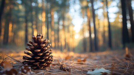 Autumnal Pine Cone in a Sunlit Forest