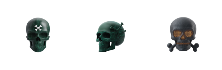 Digital skulls with binary code patterns and unique decorations