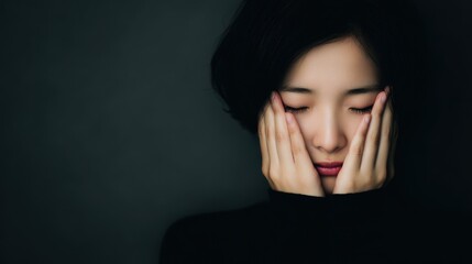 Stressed and anxious young Asian japanese woman holding her face in despair, with copy space