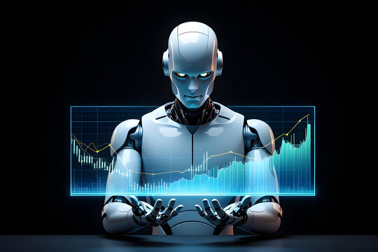 Futuristic Robot Analyzing Financial Stock Market Data with Artificial Intelligence Technology Interface