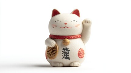 Traditional Japanese Maneki-neko lucky cat, isolated on a white background