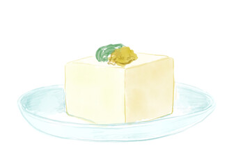 冷たくて美味しそうな冷奴豆腐の手描き水彩イラスト
