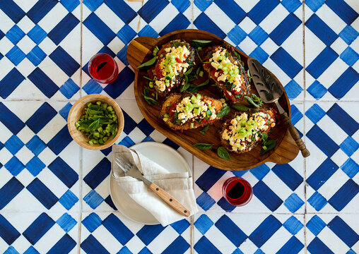 Rustic toasted bread dish viewed from above