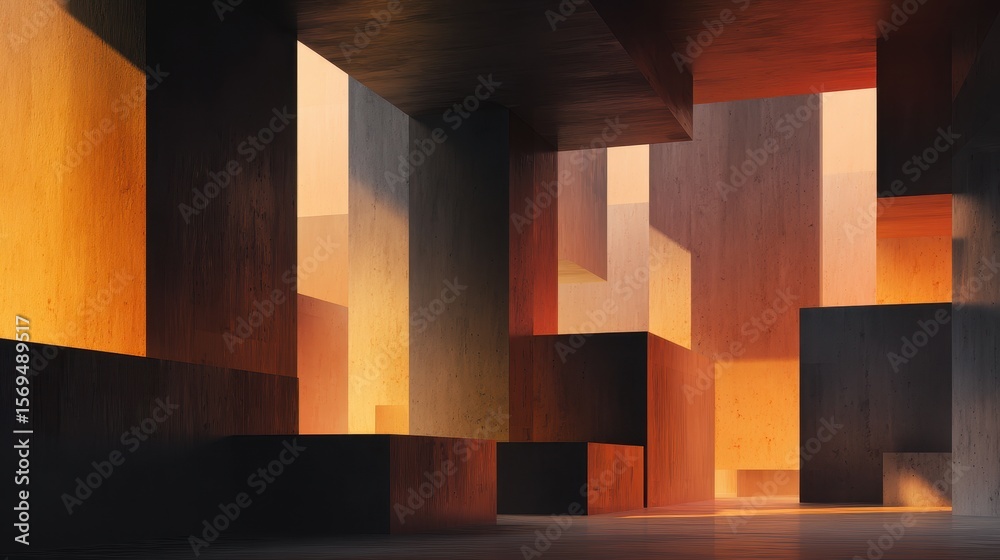 Poster abstract architectural scene with illuminated geometric forms creating a warm atmosphere