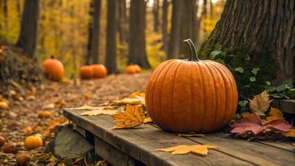 Single large pumpkin rests on a wooden bench surrounded by autumn leaves and trees