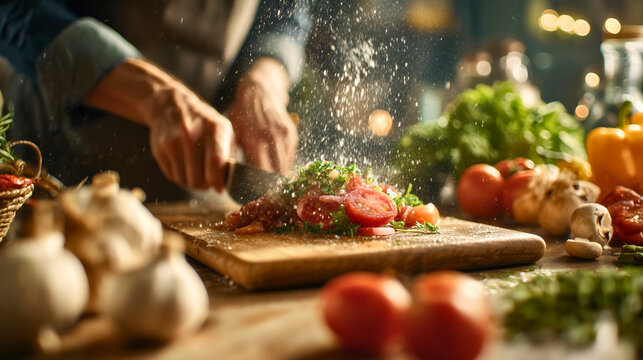 A close-up captures hands expertly cutting vibrant, fresh vegetables on a wooden board, showcasing the precise detail of healthy food preparation.