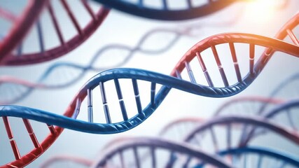 Multiple blue red DNA double helix rotate intertwine forming vital genetic science representation. - Powered by Adobe