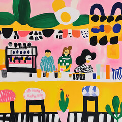 Set of abstract summer illustrations in colorful cubist style. Geometric, bold and playful scenes with retro summer vibes.