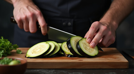 Close-up of male hands cutting eggplant on cutting board