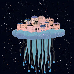 Vector set of surreal fantasy cities in beige and blue tones. Minimal, dreamy, imaginative worlds in a clean vector flat style.