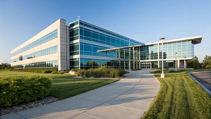 Fototapeta premium Modern glass office building with manicured landscaping and clear blue sky