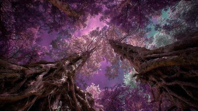 Journey to an enchanted forest where trees grow upside down, their roots flourishing in the sky. Surreal psychedelic