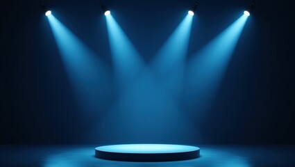 Empty stage with blue spotlights illuminating a circular platform for performance