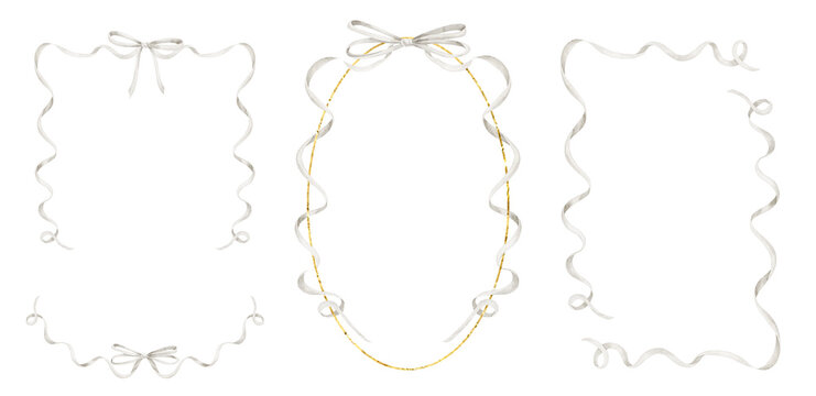 Watercolor illustration of elegant ribbon Frames in soft pastel colors. Drawing of Template for baby shower greeting cards or wedding invitations with white bows. Art for nursery designs - Powered by Adobe