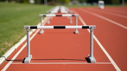 Row of hurdles on a red running track with green grass background