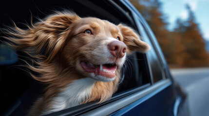 Happy dog enjoying car ride with its head out window, fur blowing in wind, surrounded by nature