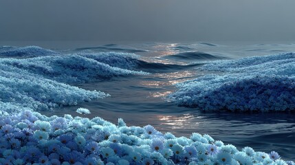 Waves of blue flowers on the serene ocean shore - wide angle view