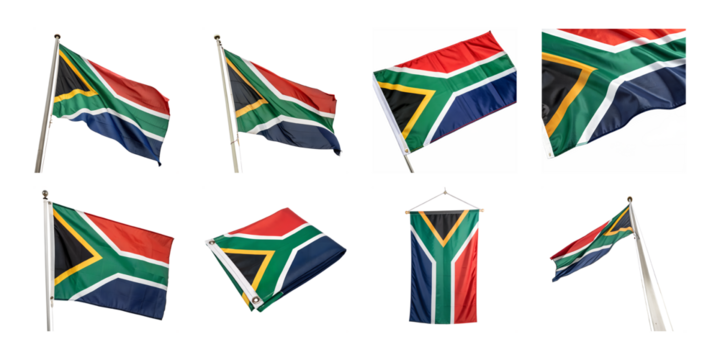 Collection of south african flags waving isolated on transparent background