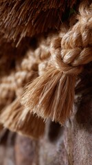 Intricate details of hand-tied straw thatching for rustic roofing design.