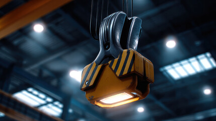 Industrial crane hook with bright light, showcasing robust design warehouse setting, evokes sense of strength and reliability
