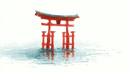 Artistic watercolor illustration of an iconic red Japanese Torii gate in the water
