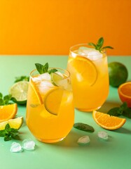 Two citrus cocktails with lime, orange slices, and mint on a mint green surface and orange backdrop, surrounded by citrus wedges for a lively summer vibe.