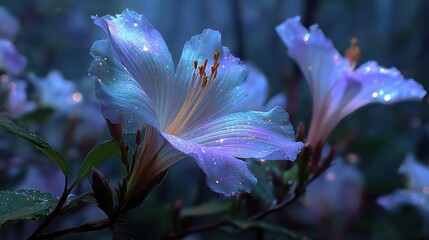 Mystical nighttime floral blooms in the serene forest landscape