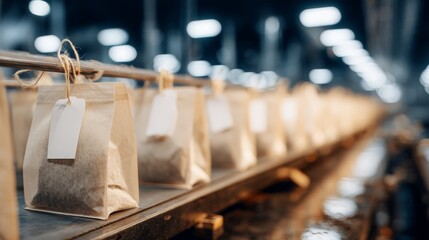 Paper tea bags with blank tags on conveyor belt in tea packaging facility,