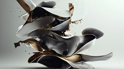 Twisted metallic abstractions with sharp edges in gray, black, and gold tones. Sculptural 3D forms on a light gray background. Futuristic, chaotic, and elegant digital metal compositions.