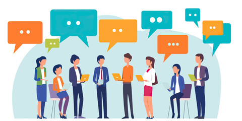 Business people communicating in team meeting with laptops and tablets in office with colorful speech bubbles and digital conversation concept vector illustration