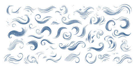Set of hand drawn wind swirl doodle lines, air flow wave and spiral vector elements in blue sketch style for weather and nature design concepts on white background